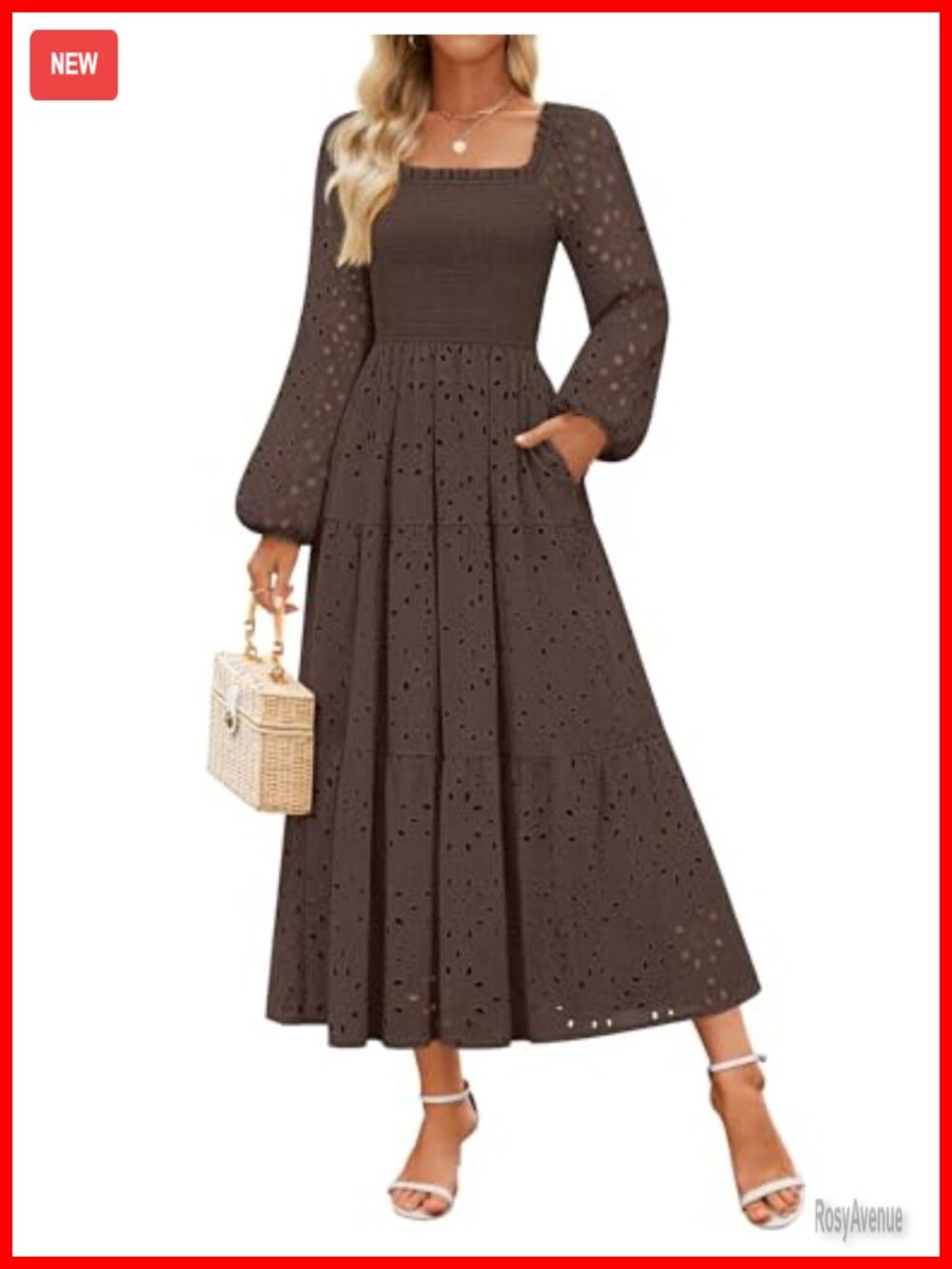 Eyelet Long Sleeve Maxi Dress Smocked Waist Tiered Ruffle Wedding Guest